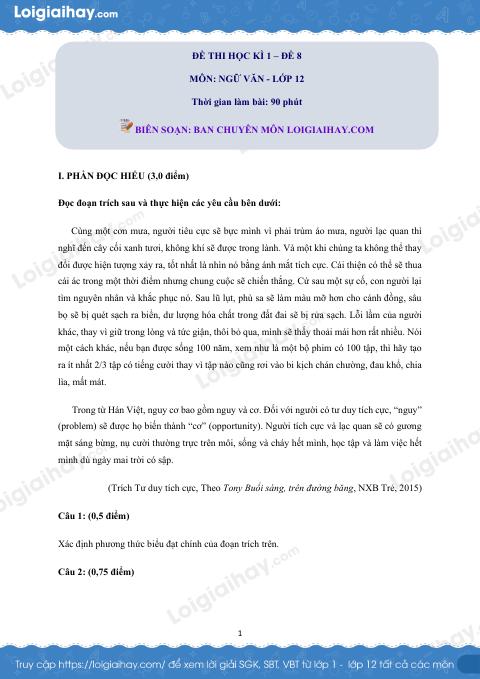 Đề số 8 - Đề kiểm tra học kì 1 - Ngữ văn 12